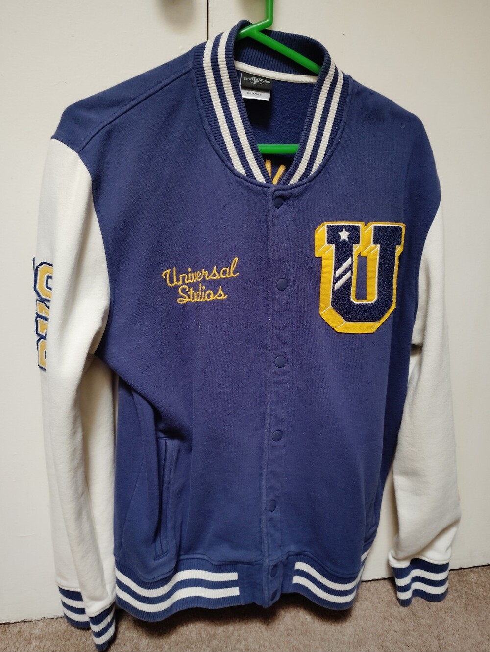 Universal Studios Men's Varsity Jacket Blue/White Snap Front XL